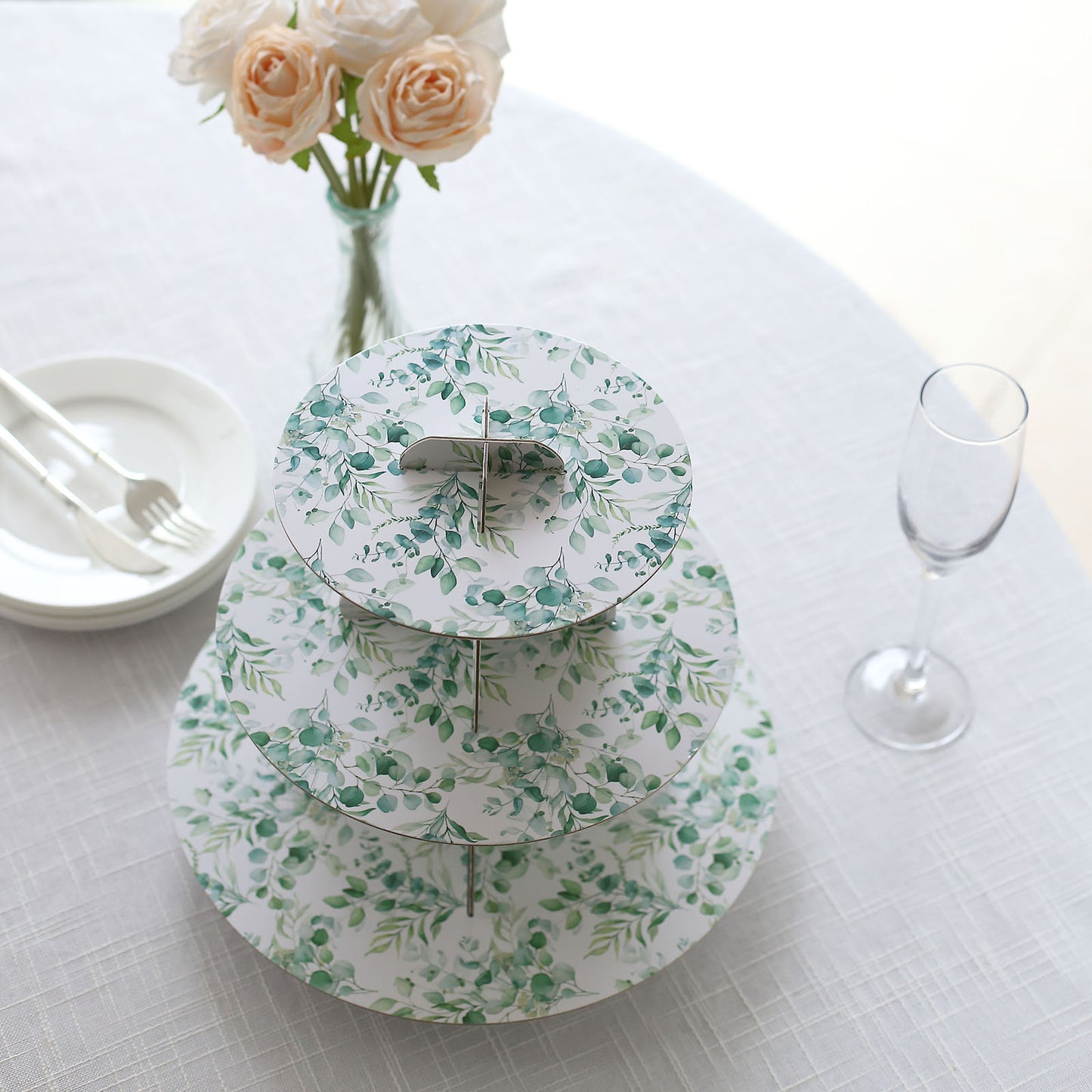 3-Tier White Green Cardboard Dessert Display Stand with Eucalyptus Leaves Print, Tea Party Cupcake Stand Round Serving Platter - 11" Tall
