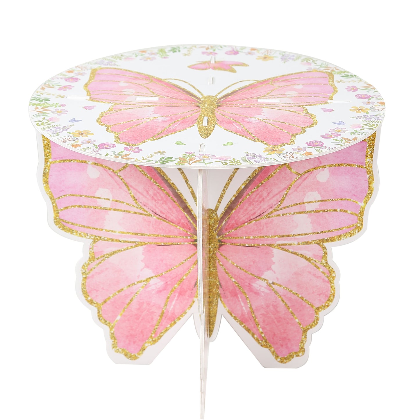 2 Pack White Pink Glitter Butterfly Cupcake Stands, 12" Floral Print Foam Board Cake Dessert Holder Display Stands