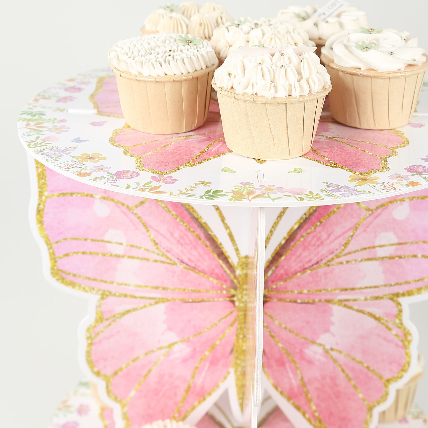 2 Pack White Pink Glitter Butterfly Cupcake Stands, 12" Floral Print Foam Board Cake Dessert Holder Display Stands