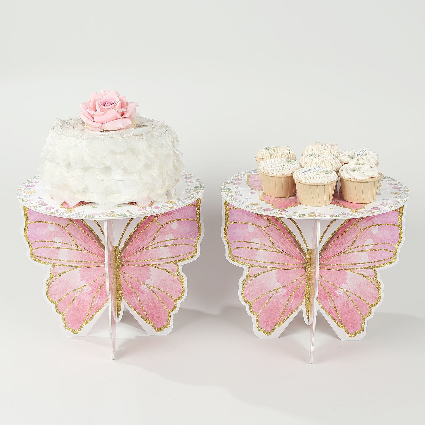 2 Pack White Pink Glitter Butterfly Cupcake Stands, 12" Floral Print Foam Board Cake Dessert Holder Display Stands