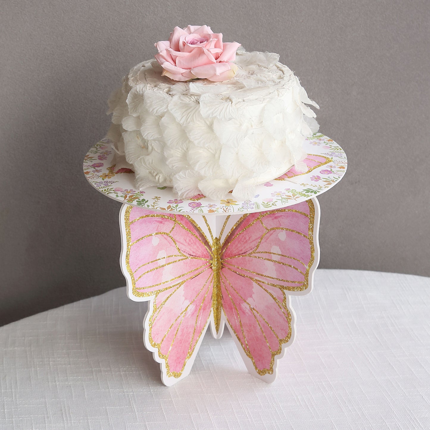 2 Pack White Pink Glitter Butterfly Cupcake Stands, 12" Floral Print Foam Board Cake Dessert Holder Display Stands