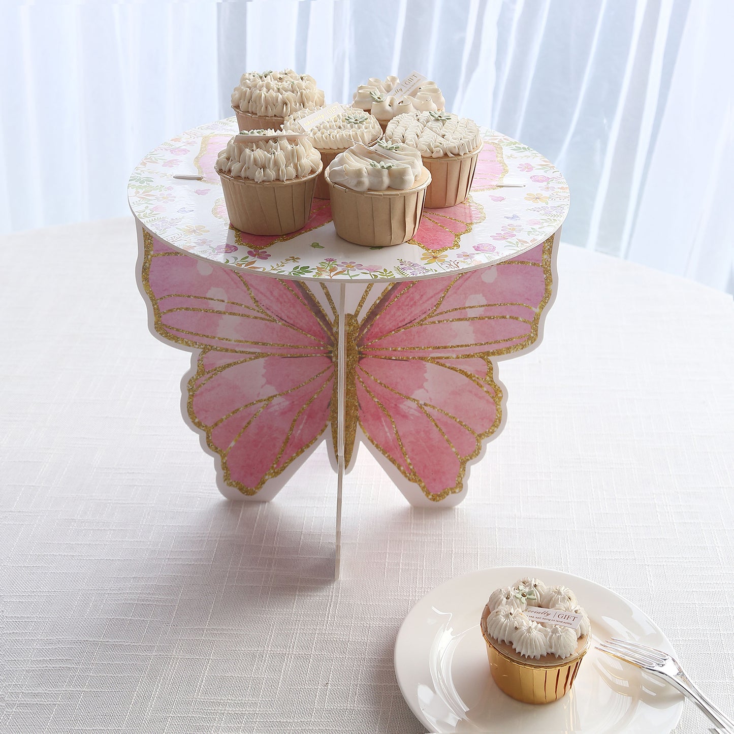 2 Pack White Pink Glitter Butterfly Cupcake Stands, 12" Floral Print Foam Board Cake Dessert Holder Display Stands