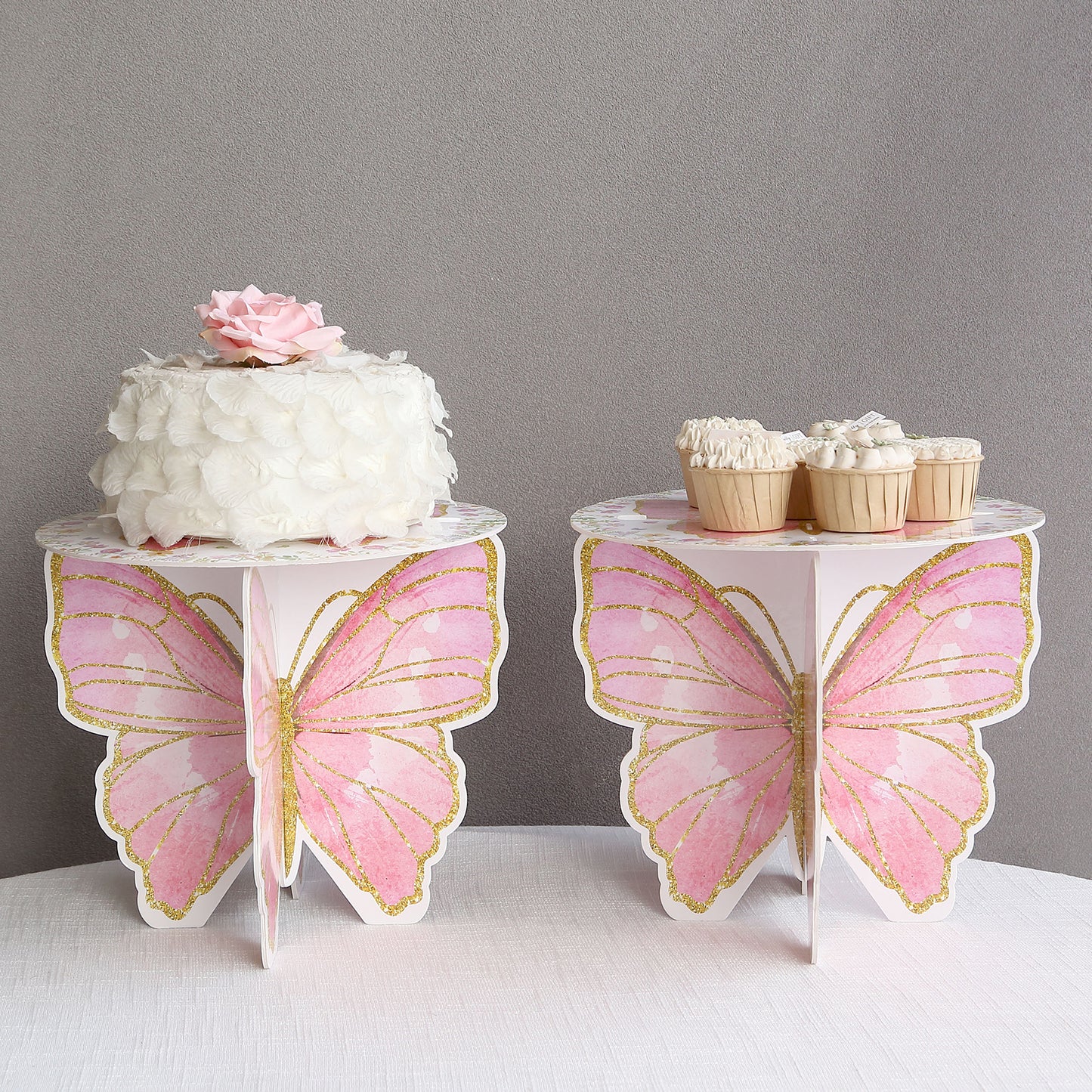 2 Pack White Pink Glitter Butterfly Cupcake Stands, 12" Floral Print Foam Board Cake Dessert Holder Display Stands