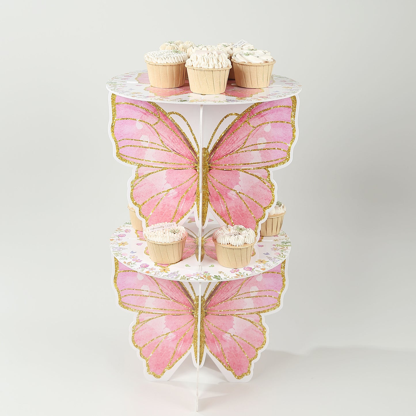 2 Pack White Pink Glitter Butterfly Cupcake Stands, 12" Floral Print Foam Board Cake Dessert Holder Display Stands