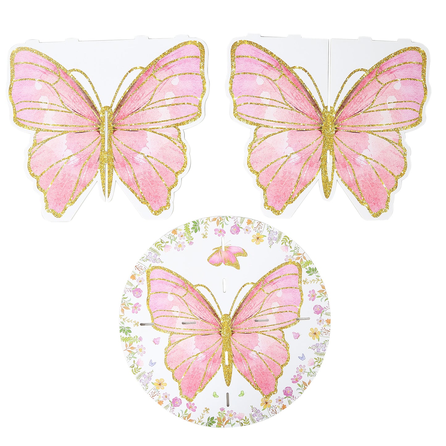 2 Pack White Pink Glitter Butterfly Cupcake Stands, 12" Floral Print Foam Board Cake Dessert Holder Display Stands