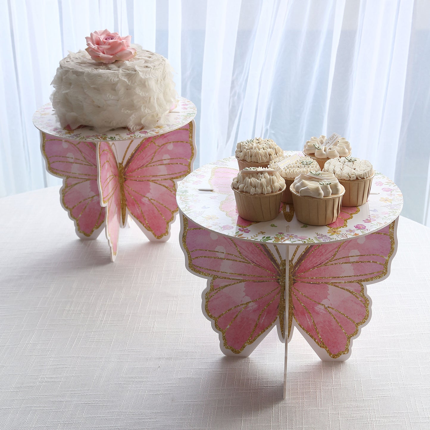 2 Pack White Pink Glitter Butterfly Cupcake Stands, 12" Floral Print Foam Board Cake Dessert Holder Display Stands