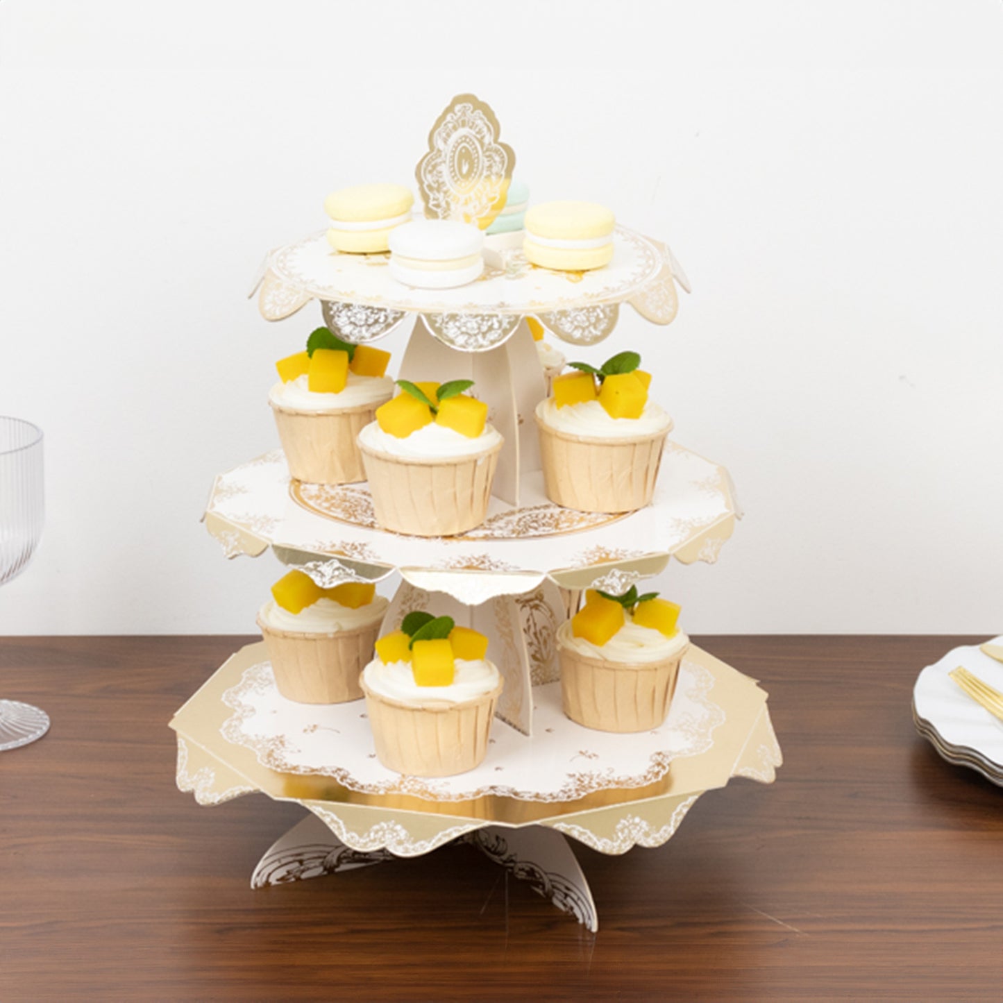2-Pack 3-Tier Cupcake Display Stands with Vintage Floral Pattern, White Gold Round Cardboard Dessert Towers - 15"