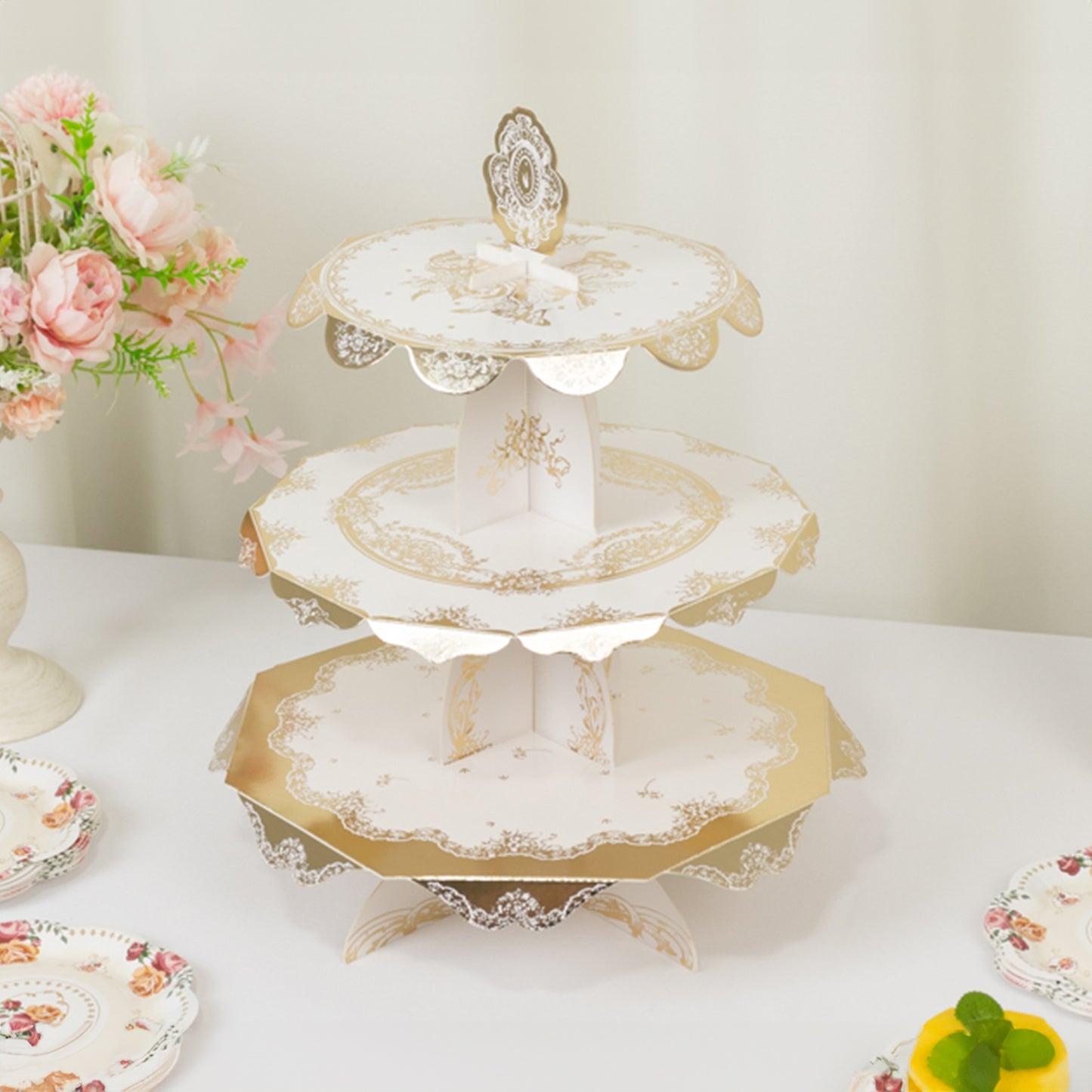 2-Pack 3-Tier Cupcake Display Stands with Vintage Floral Pattern, White Gold Round Cardboard Dessert Towers - 15"