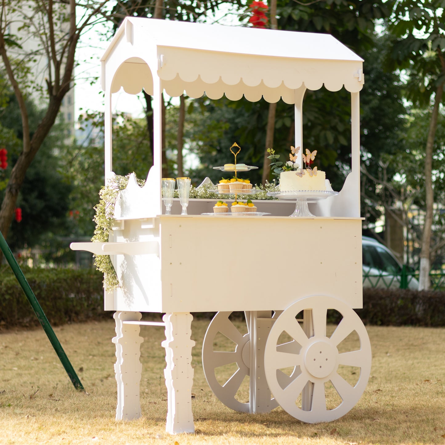 6ft White Dessert Cart Display Stand with Wheels for Party Decorated Candy Cart for Birthdays Weddings