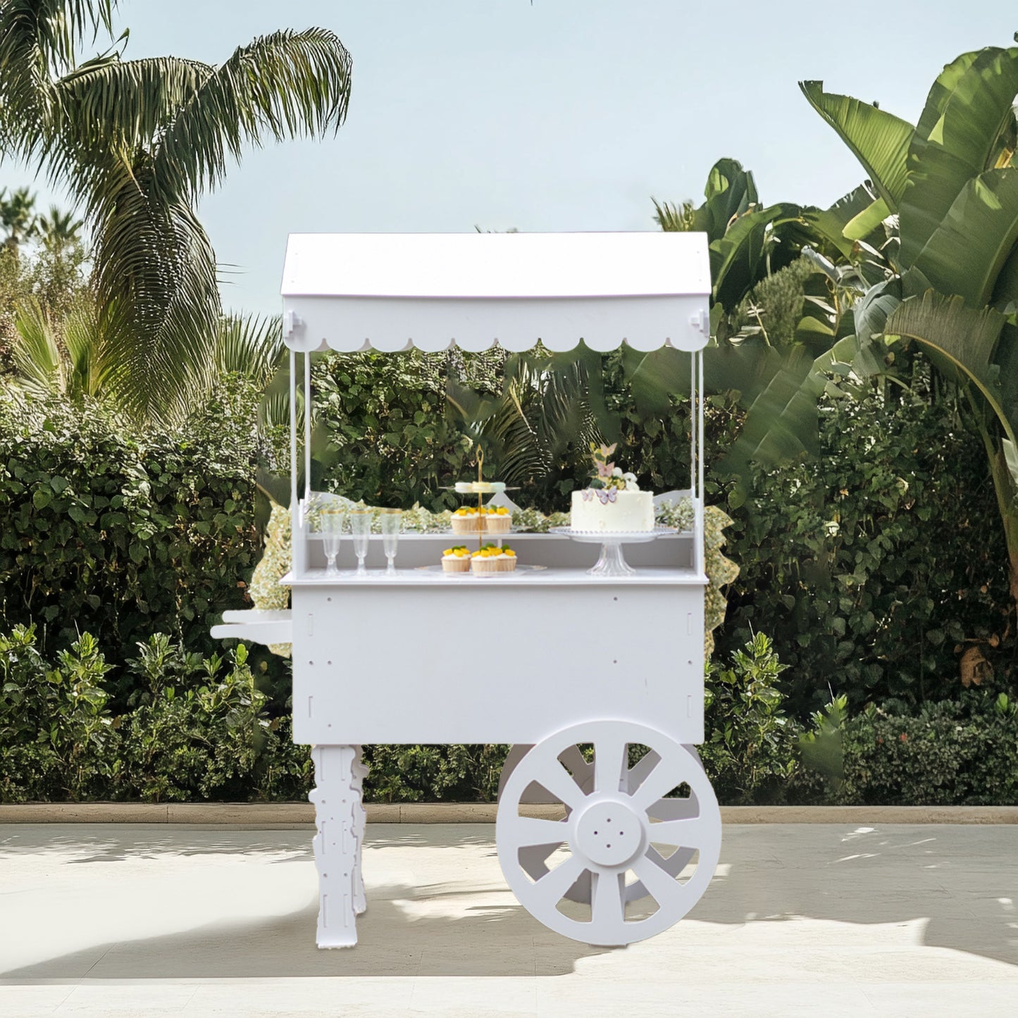 6ft White Dessert Cart Display Stand with Wheels for Party Decorated Candy Cart for Birthdays Weddings