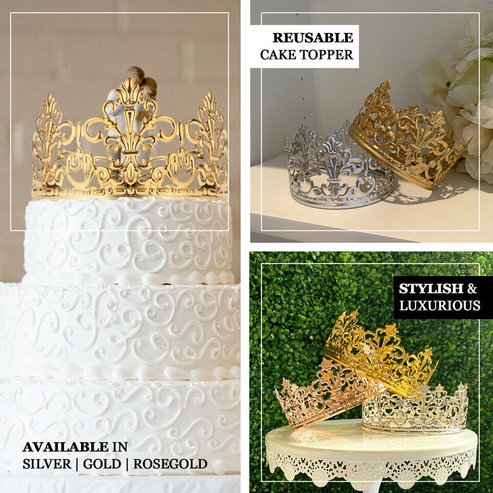 Matte gold metal princess crown cake topper for wedding decor.