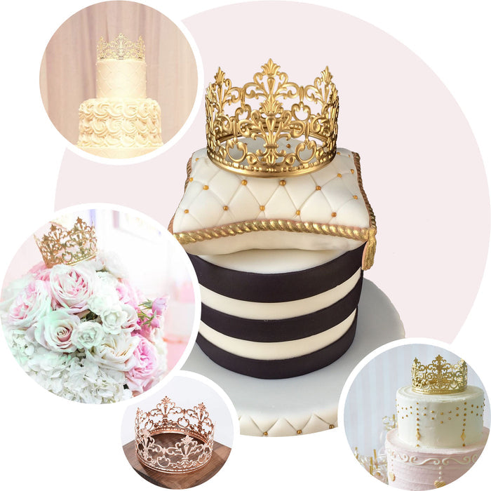 Matte gold metal princess crown cake topper for wedding cake decor.