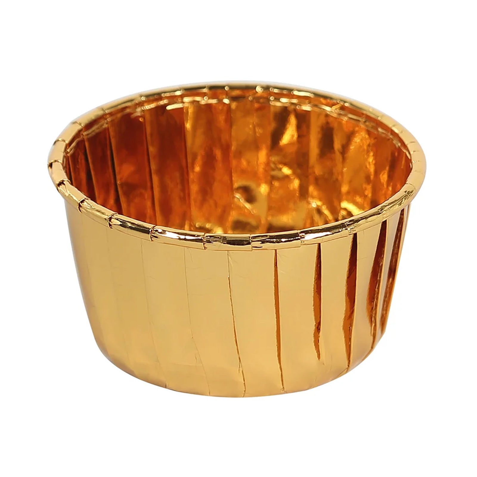 Metallic gold foil baking cup for desserts and muffins.
