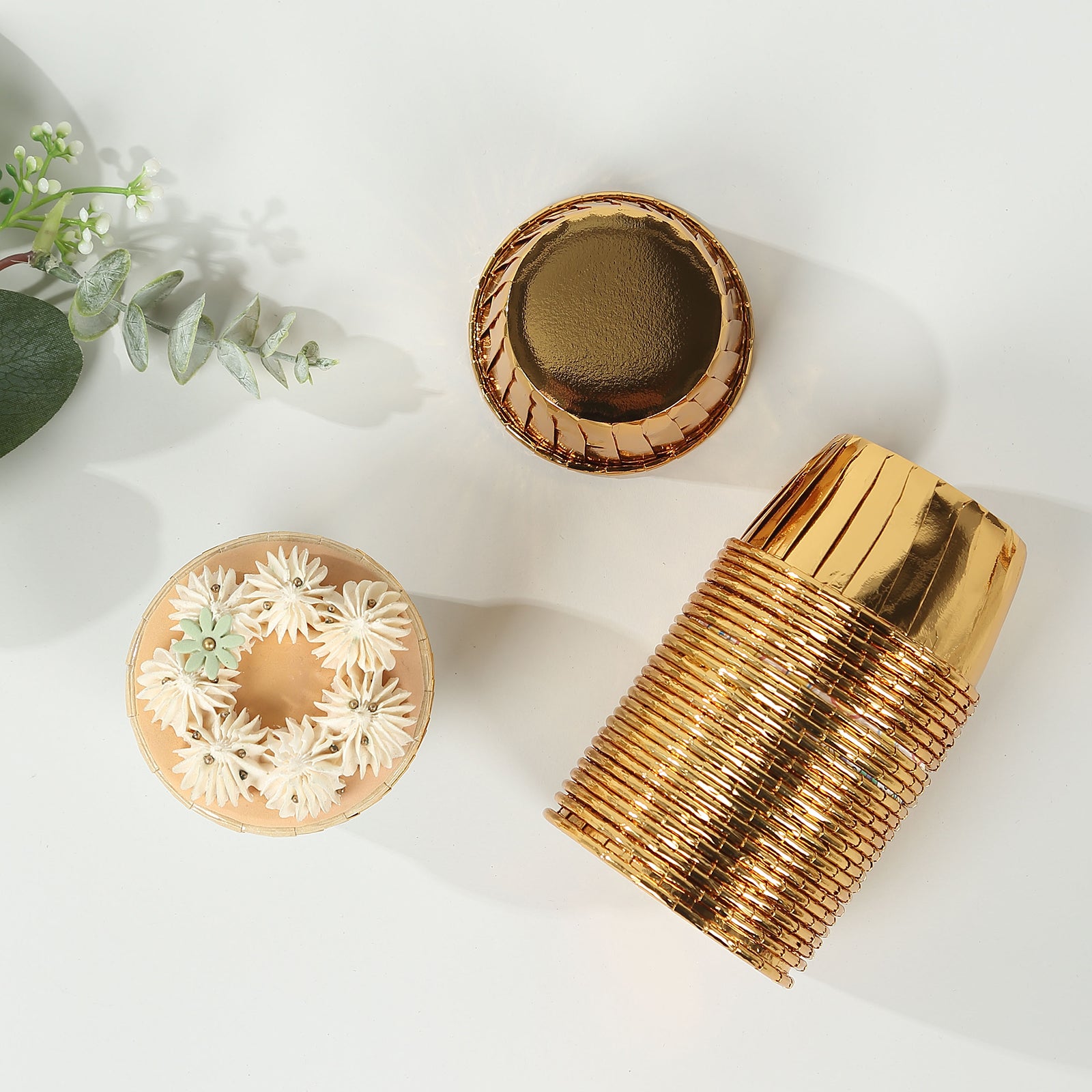 Metallic gold foil baking cups for desserts and muffins, 3oz, 48 pack.