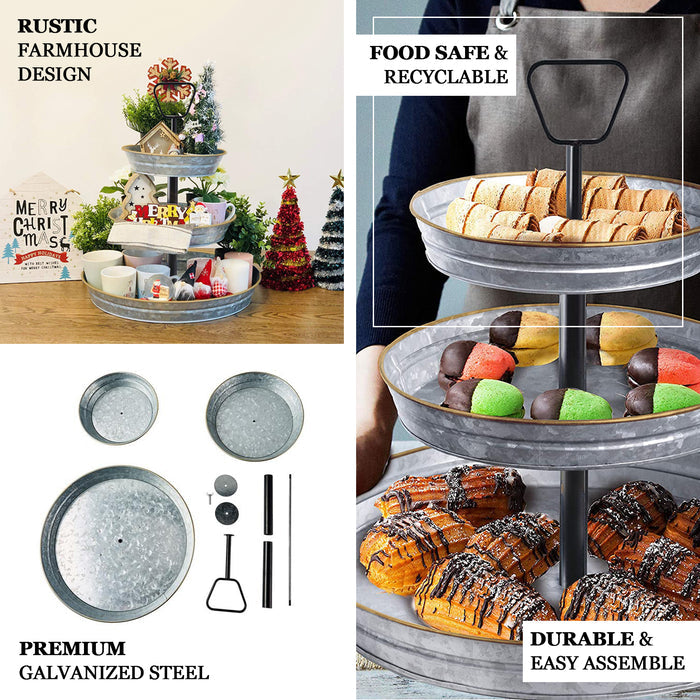 Rustic galvanized metal 3-tier serving tray for desserts and cupcakes.