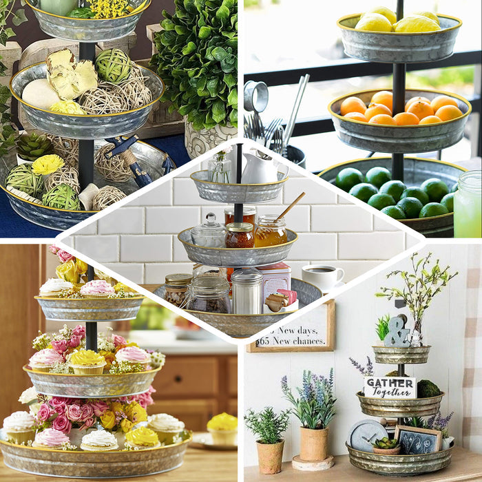 Rustic galvanized metal 3-tier serving tray for desserts and decor.