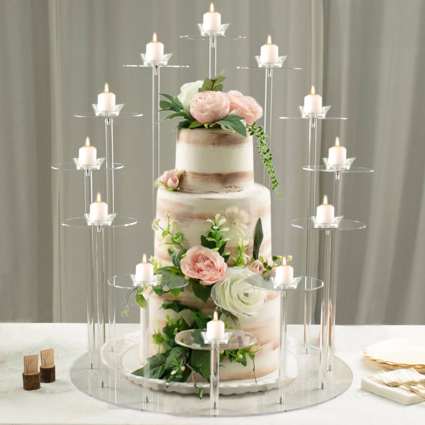 Clear acrylic dessert display stand with multi-layer round trays for cupcakes.