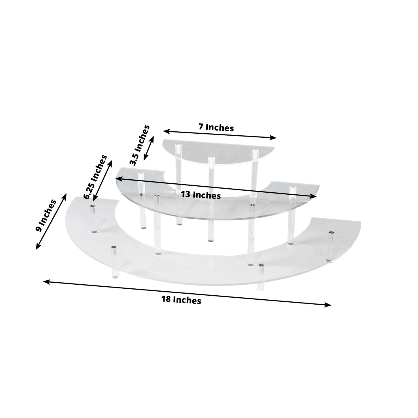 Clear acrylic half-moon display riser stands in 3 tiers for cakes and collectibles.