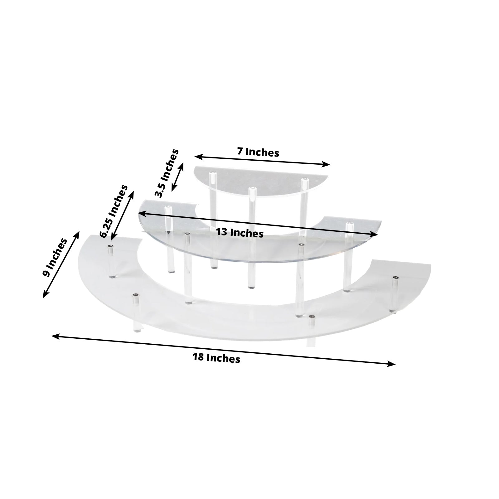 Clear acrylic half-moon display riser stands in 3 tiers for cakes and collectibles.