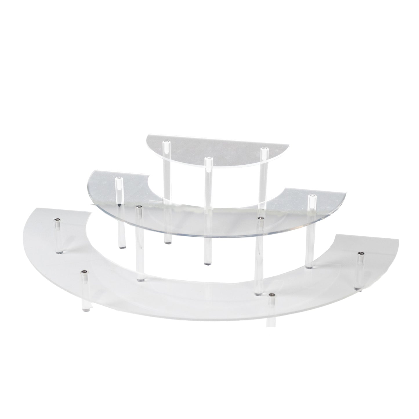Clear acrylic half-moon display riser stands for cakes and collectibles.