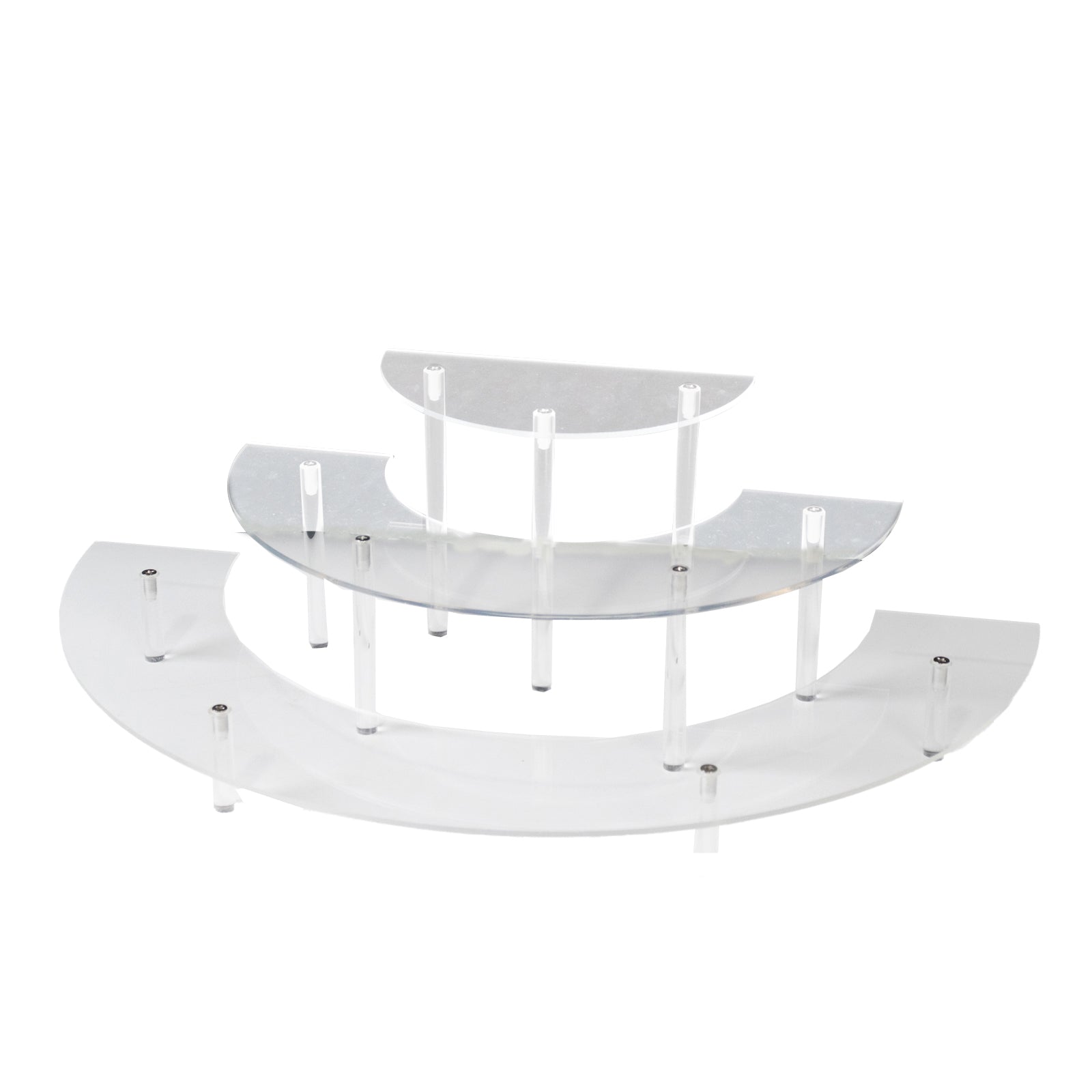 Clear acrylic half-moon display riser stands for cakes and collectibles.