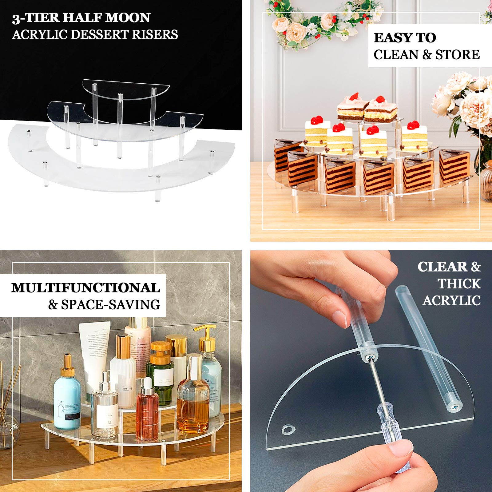 Clear acrylic half-moon riser stands set for desserts and collectibles.