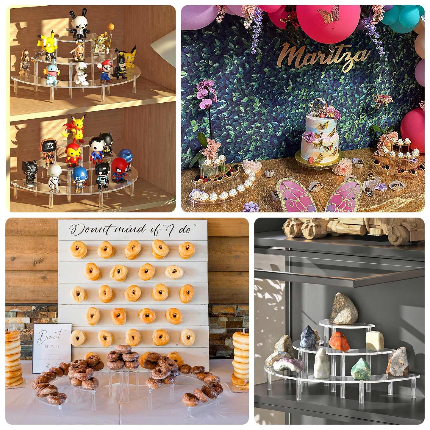 Clear acrylic half-moon riser stands for cakes and collectibles.