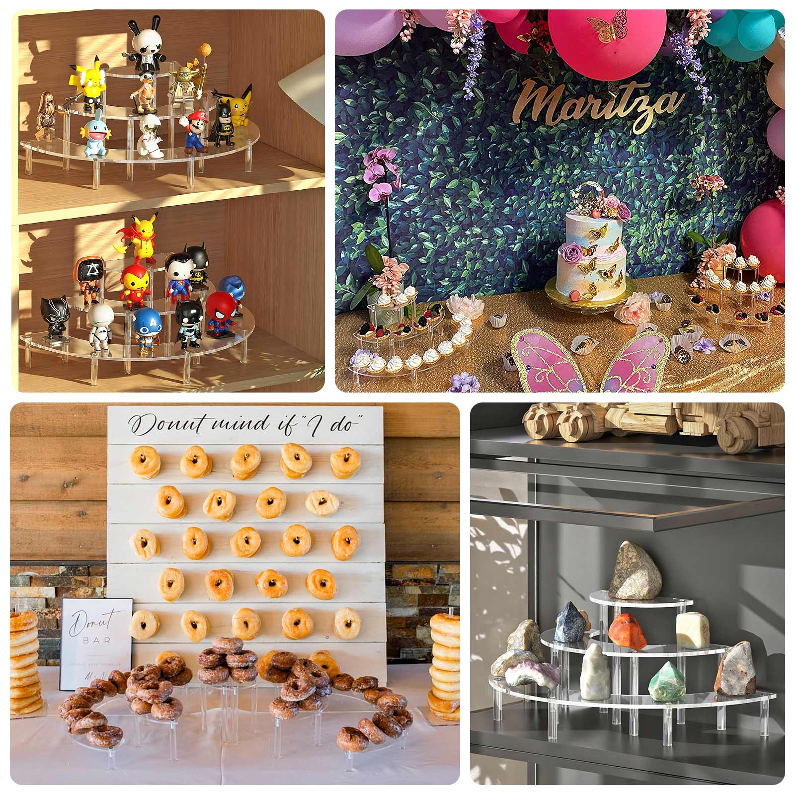 Clear acrylic half-moon riser stands for cakes and collectibles.