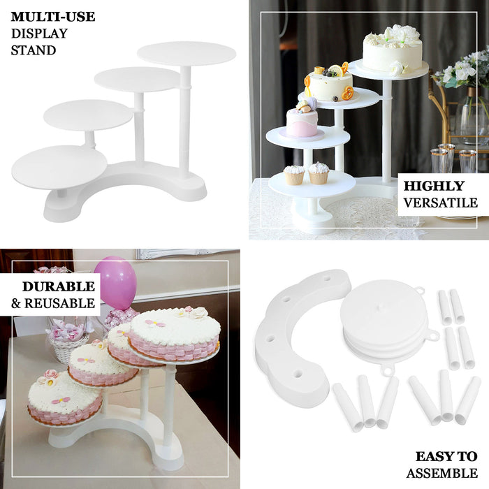 White 4-tier half moon plastic cake stand with cupcake display.