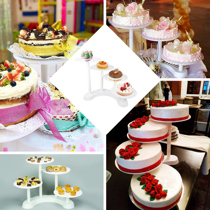 White 4-tier half moon plastic cake stand with cupcakes and desserts displayed.