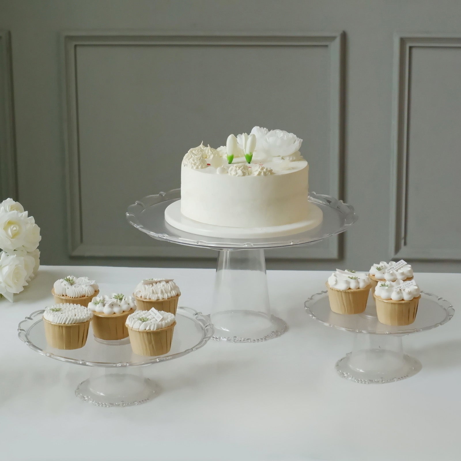 Clear plastic stackable cupcake pedestal display stands for desserts, 9", 11", 15".