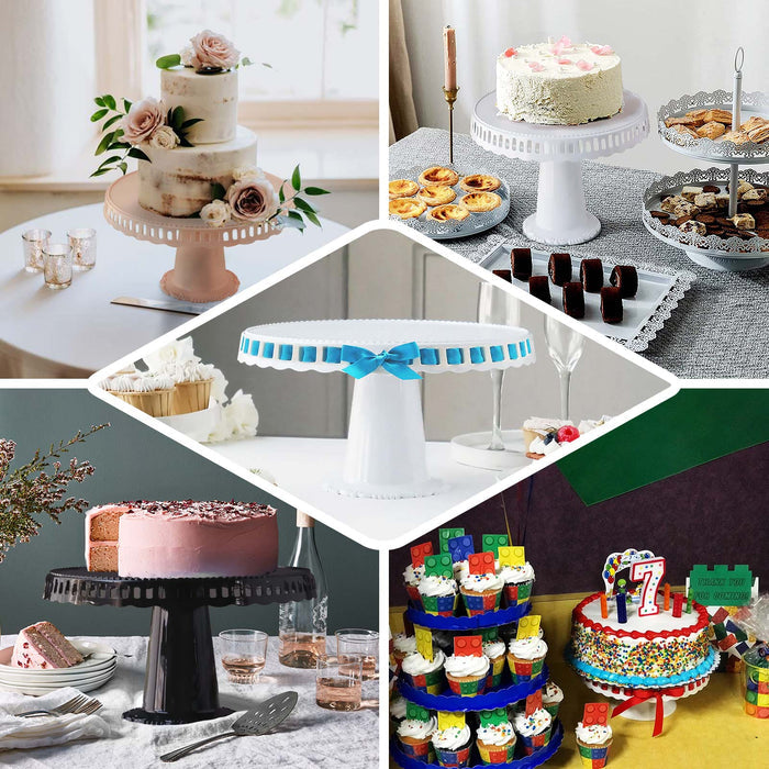 Blush round footed reusable plastic pedestal cake stands with scalloped edges.