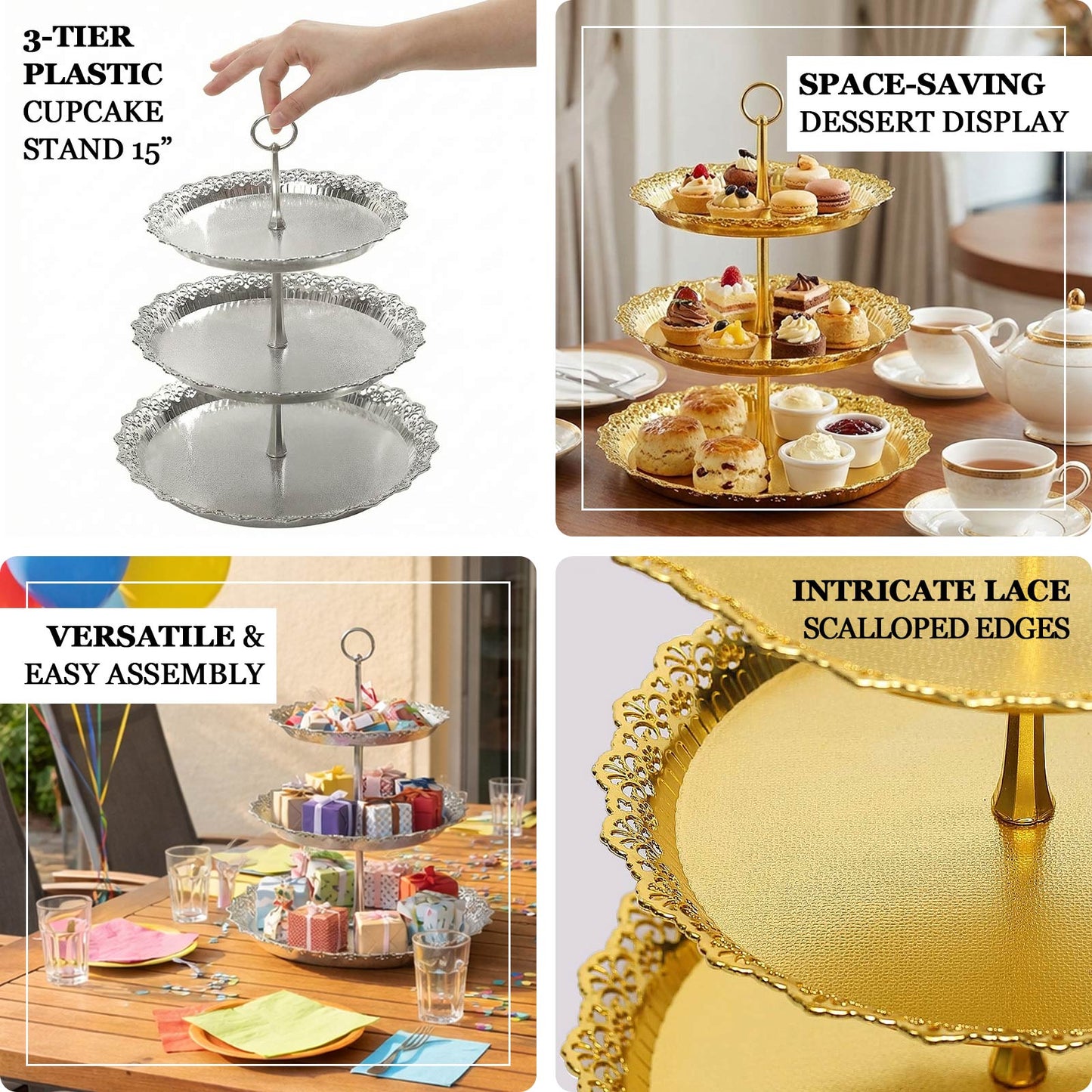 15" Metallic Gold 3-Tier Round Cupcake Display Stand with Lace Edges