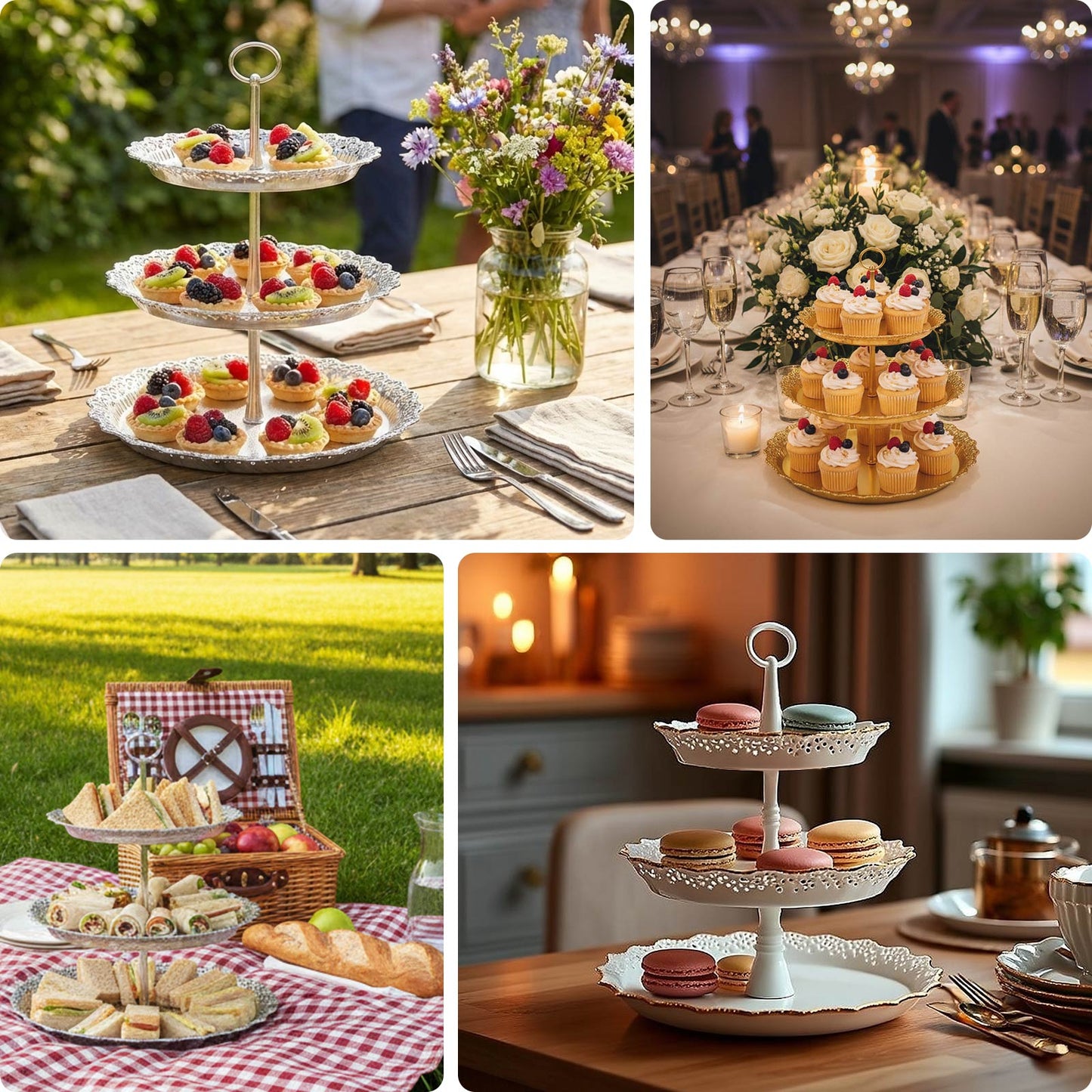 White 3-tier cupcake stand with lace cut gold rim, perfect for desserts.