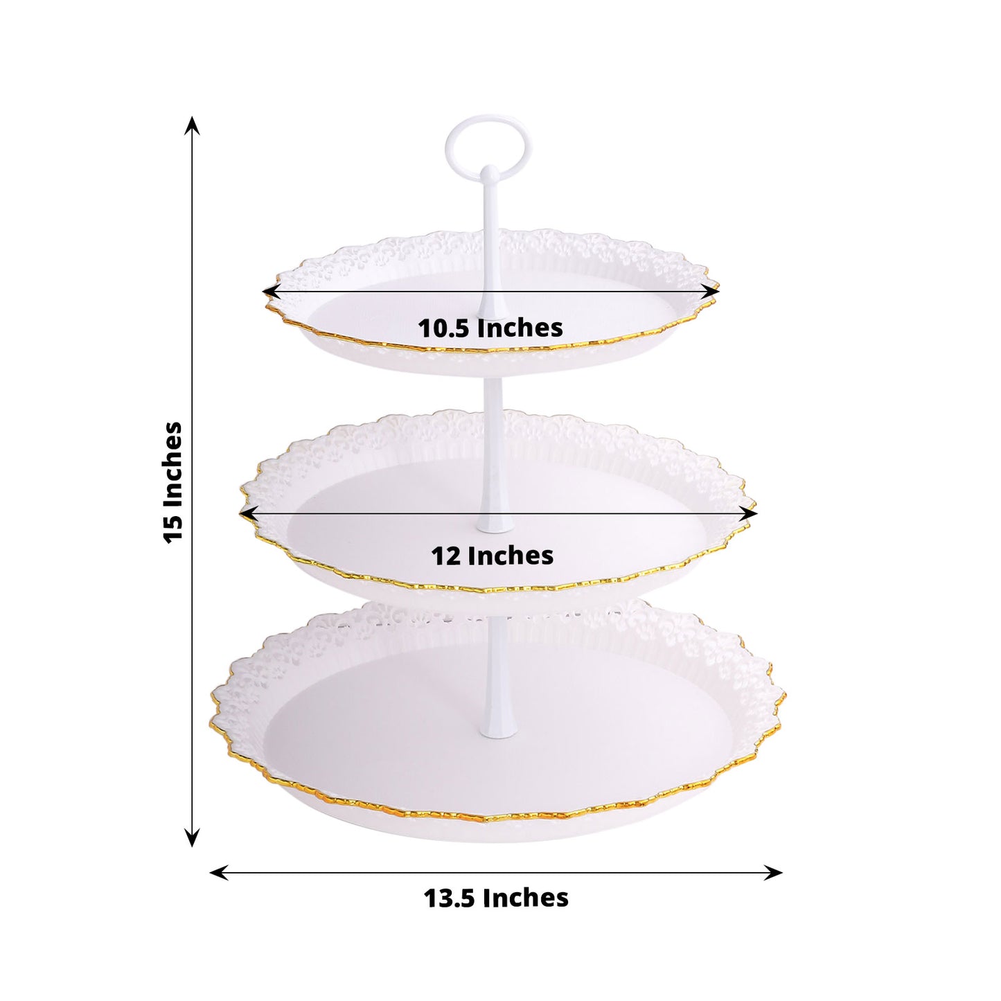 15" white 3-tier cupcake stand with gold rim and scalloped edges.