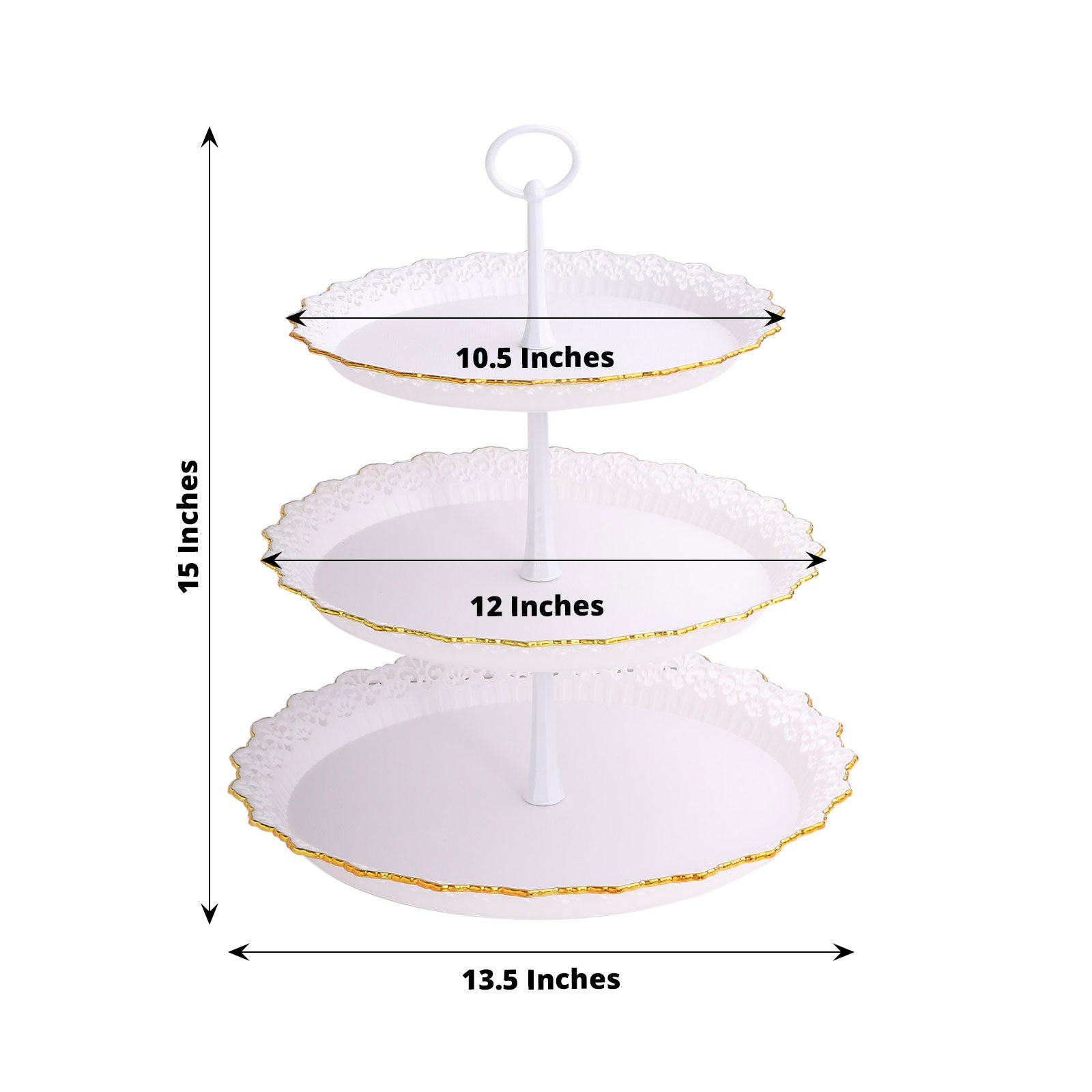 15" white 3-tier cupcake stand with gold rim and scalloped edges.