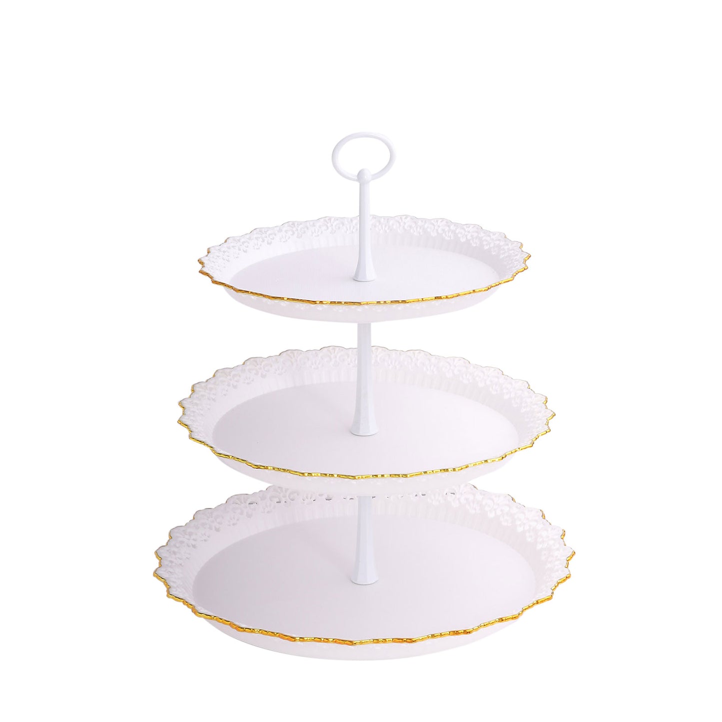 White 3-tier cupcake stand with lace cut gold rim and scalloped edges.