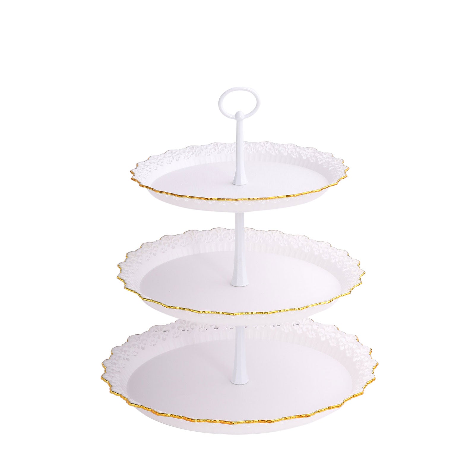 White 3-tier cupcake stand with lace cut gold rim and scalloped edges.