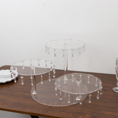 3-Tier Acrylic Cake Stand with Hanging Crystal Pendants