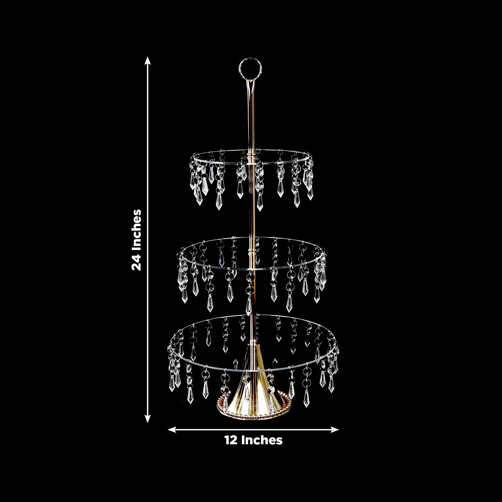 Gold 3-tier acrylic and metal cupcake stand with hanging crystals.