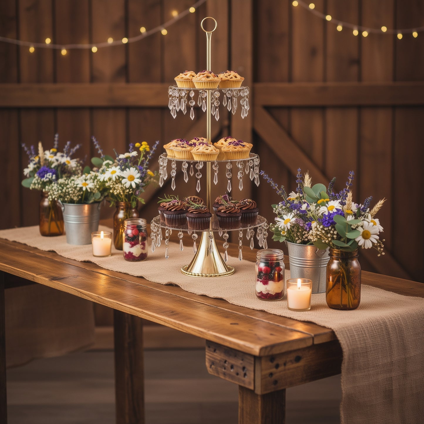 Gold 3-tier cupcake stand with hanging crystals and decorated desserts.