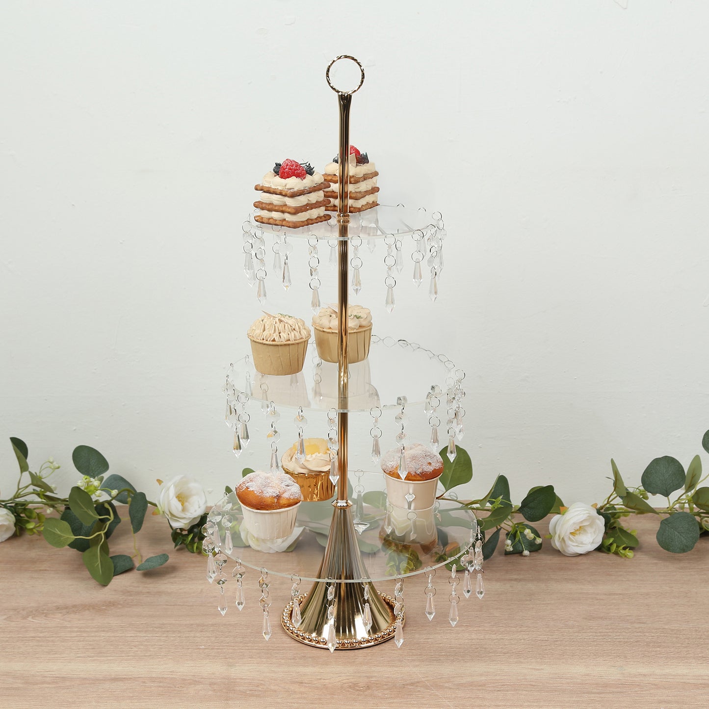 3-Tier gold cupcake stand with hanging crystals for desserts.