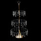 Gold 3-tier cupcake stand with hanging crystals and acrylic shelves.