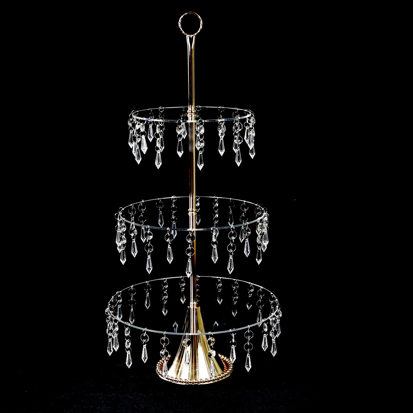 Gold 3-tier cupcake stand with hanging crystals and acrylic shelves.
