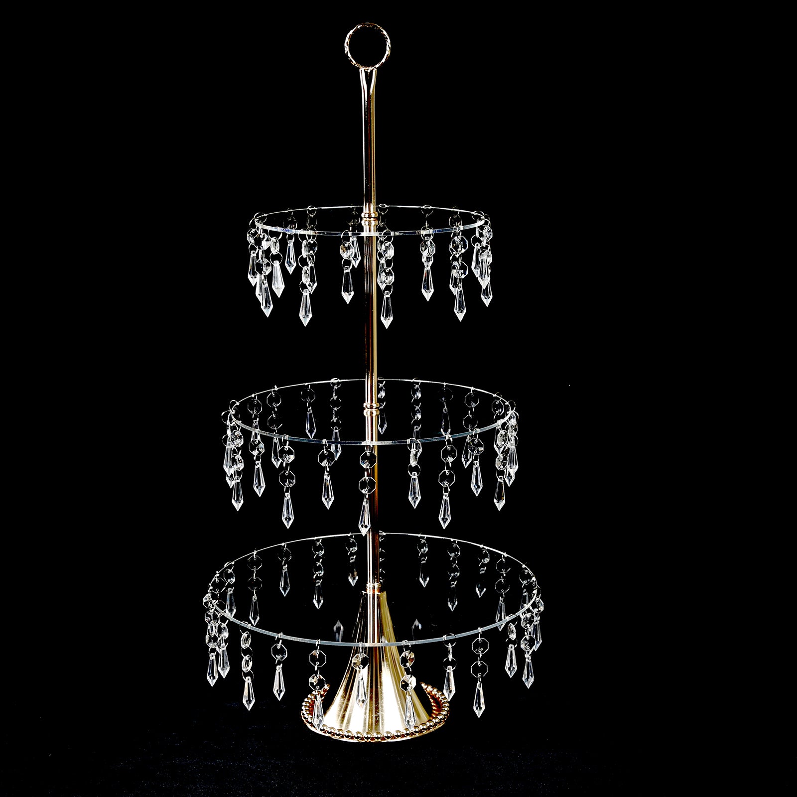Gold 3-tier cupcake stand with hanging crystals and acrylic shelves.