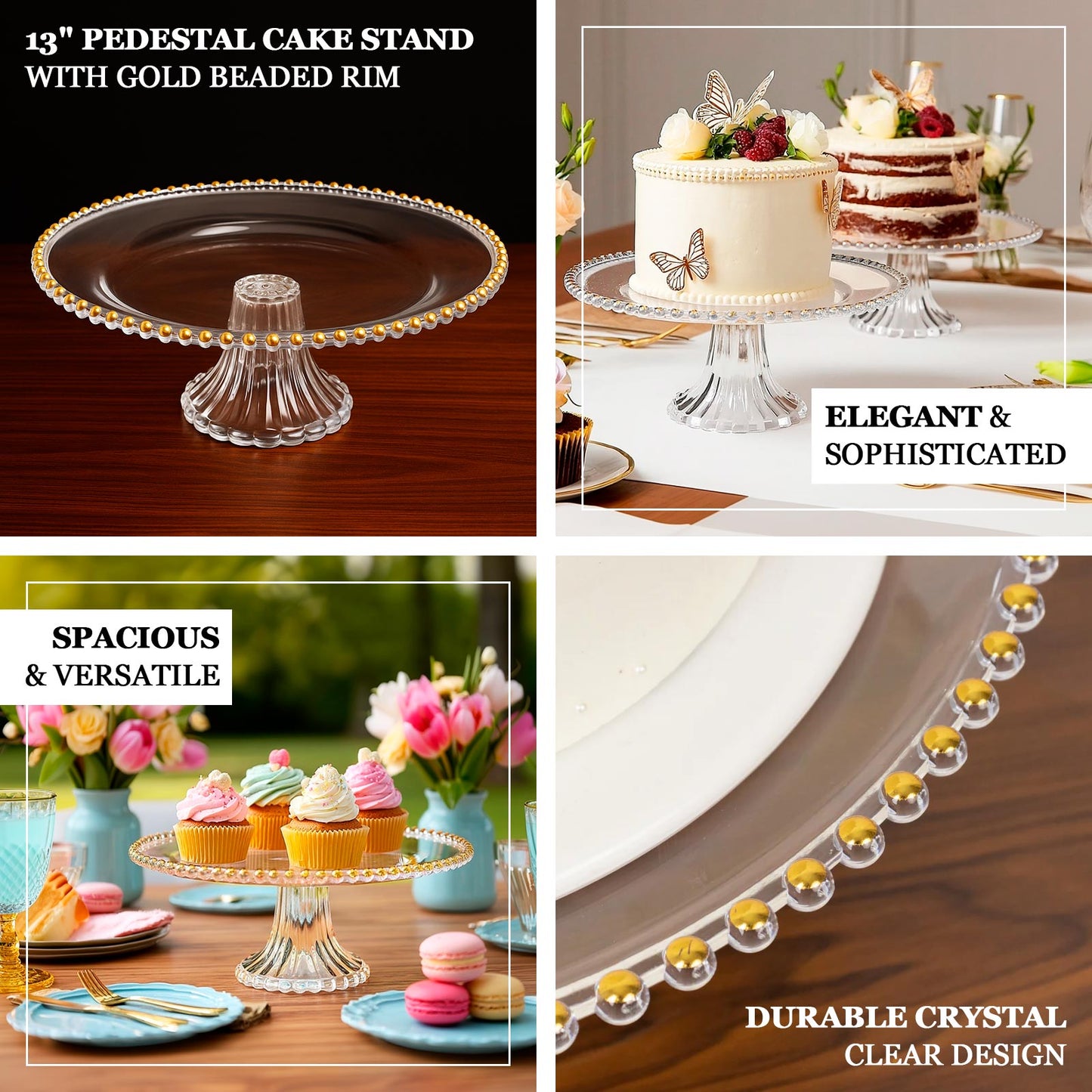 2-Pack Clear Plastic Pedestal Cake Stands – 13" Round Dessert Display Trays with Gold Beaded Rim
