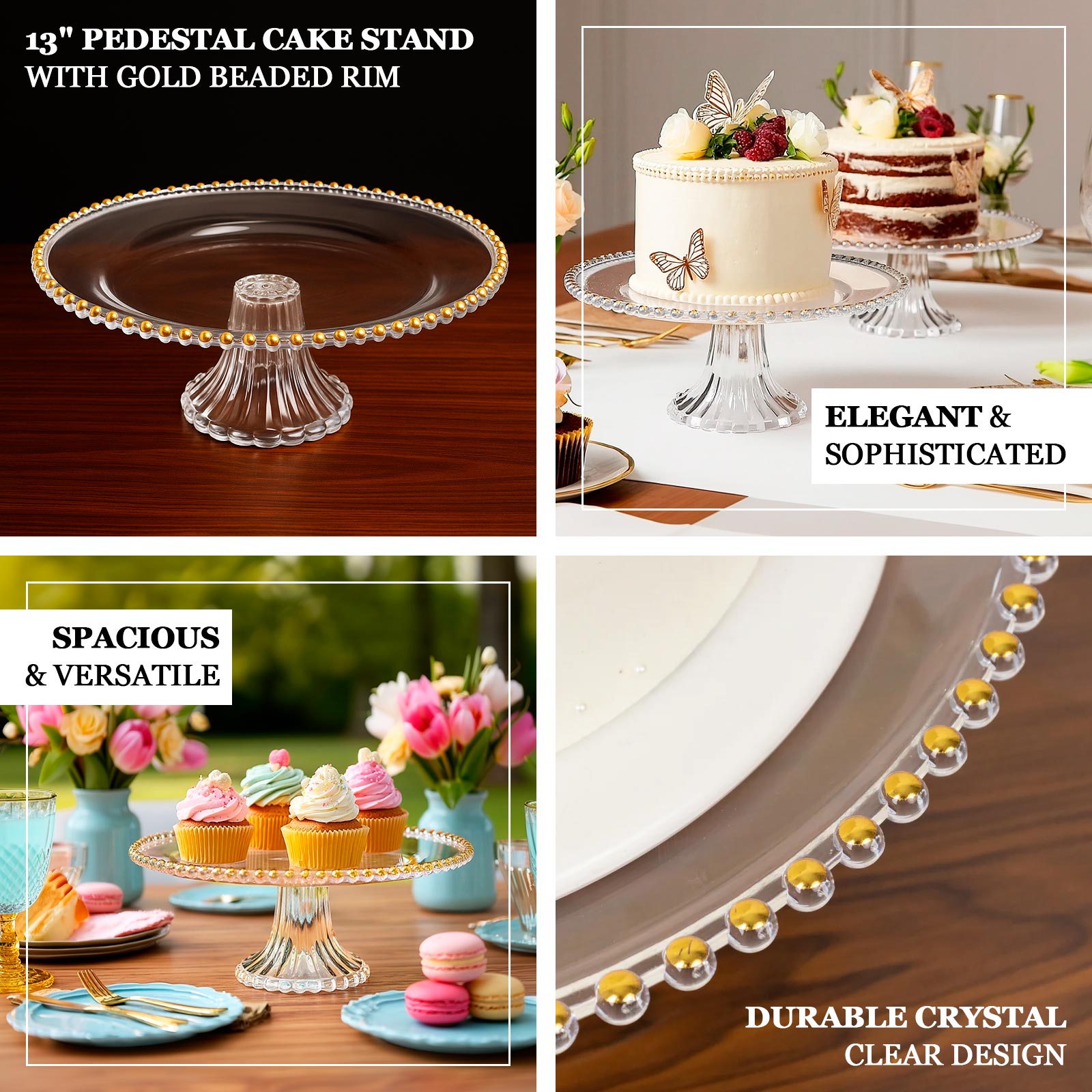 2-Pack Clear Plastic Pedestal Cake Stands – 13" Round Dessert Display Trays with Gold Beaded Rim
