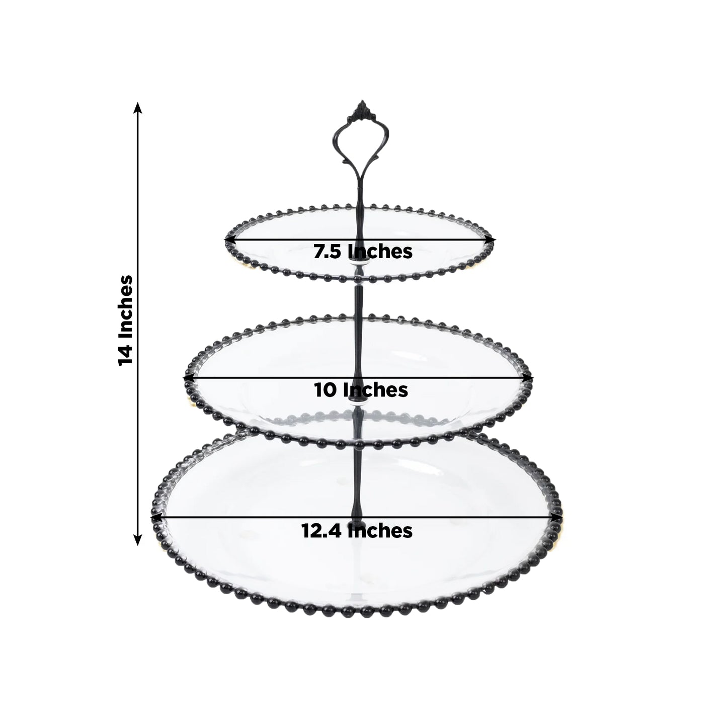 Clear 3-tier dessert display stand with black beaded rim.