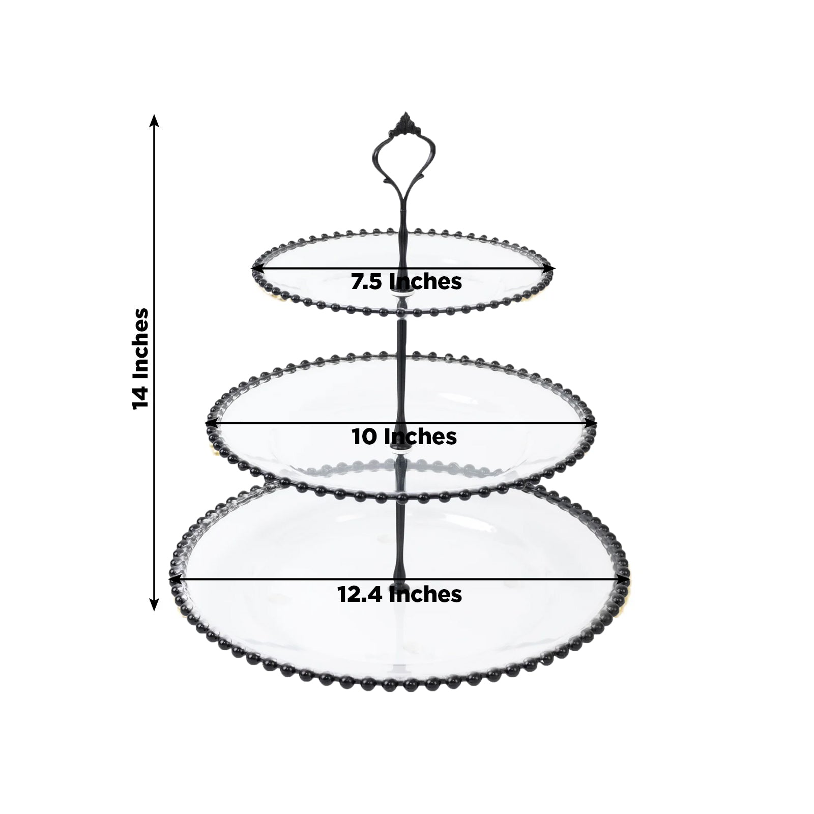 Clear 3-tier dessert display stand with black beaded rim.