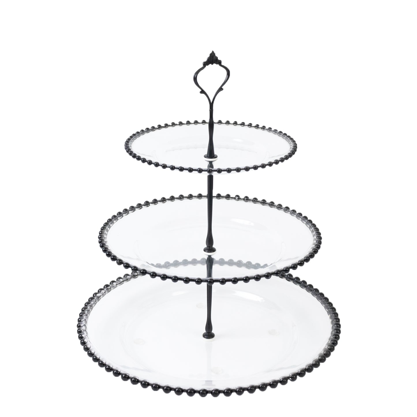 Clear 3-tier dessert display stand with black beaded rim. Perfect for serving cupcakes. #whtbkgd